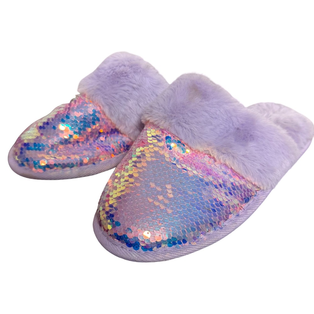Target Slippers Girls M 2/3 Purple Iridescent Sequin Faux Fur Glam Mermaid Cozy